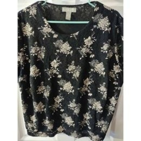 Kate Hill Top Plus Size 1X Black Multicolor Floral Print Short Sleeve - Picture 2 of 8